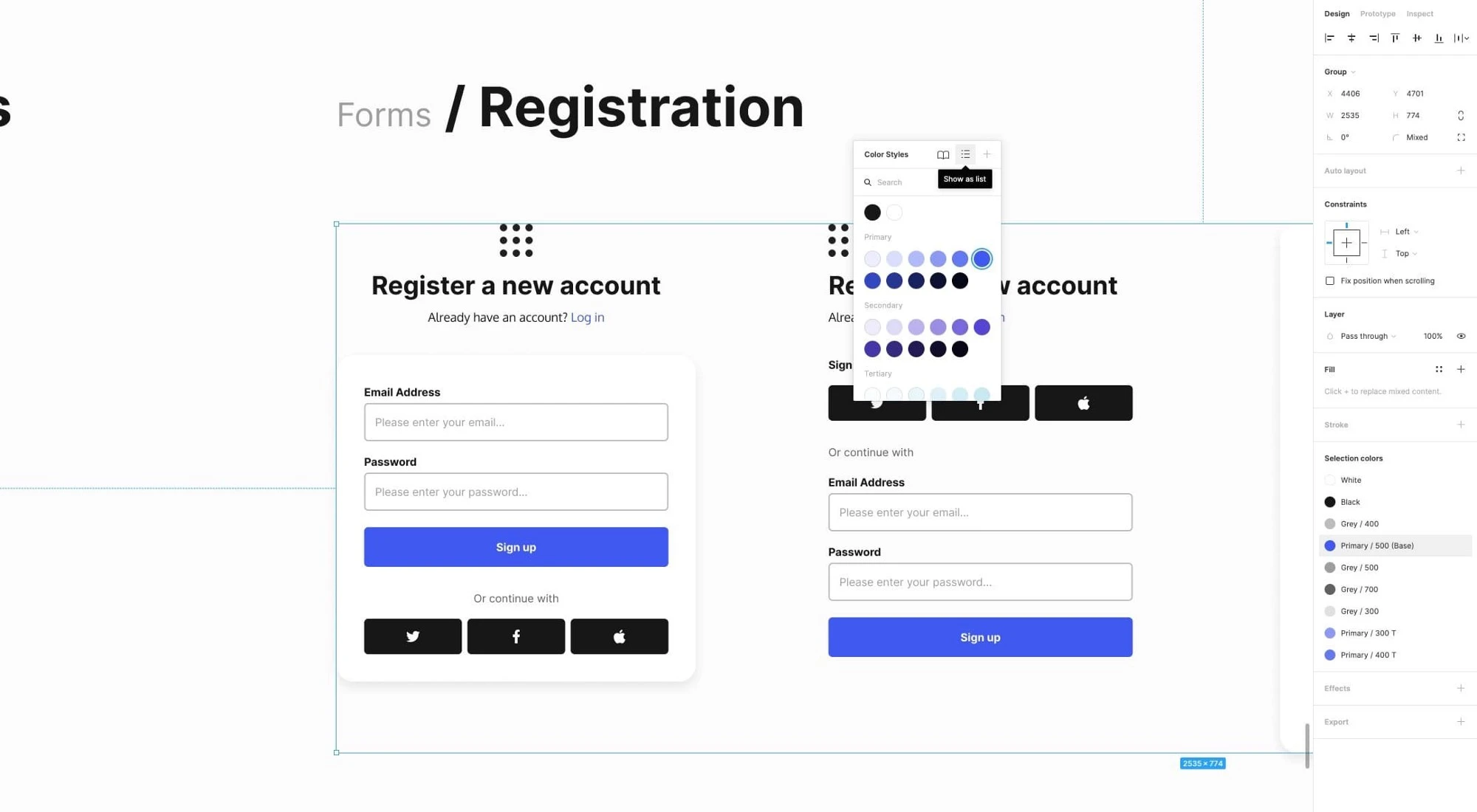 An example of the List option being selected in the Colors Panel in Figma
